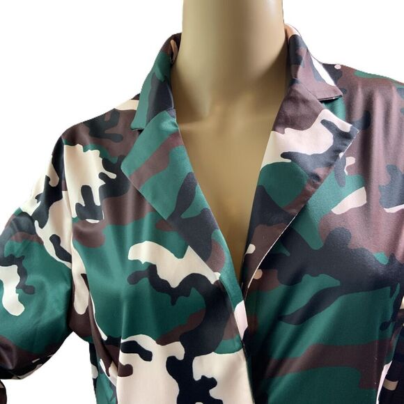 LIV D Camo Brown Pink Long Sleeve Button Up Collared Maxi Coat Dress Size Large - Picture 2 of 15